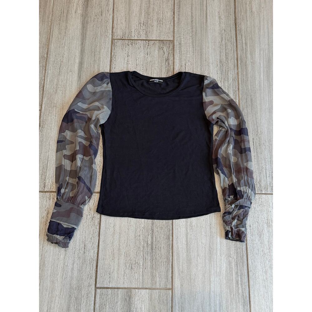 Generation Love Noelle Camo Sheer Sleeve Edgy Top Black Green Womens Size XS - Picture 7 of 9